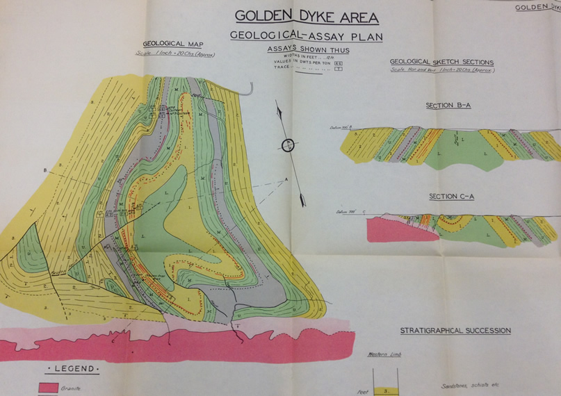 Geological maps and reports feature in the collection. Example: The Golden Dyke Mine