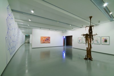 Networks (cells and silos).  Installation view, artists left to right: Kerrie Poliness, Gali Yalkarriwuy Gurruwiwi, Tjaduwa Woods, Masato Takasaka, Nick Mangan. Photo: John Brash  