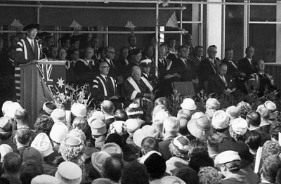 The official opening ceremony of Monash University. Image courtesy of Monash University Archives. Photographer: Jack Lawrence. 
