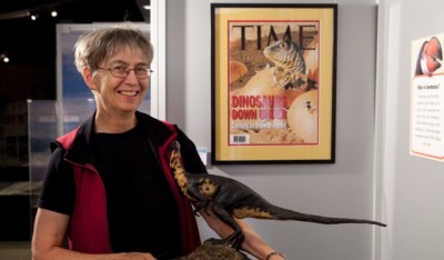 Professor Pat Vickers-Rich and Leaellynasaura, a polar dinosaur that lived in the Otways