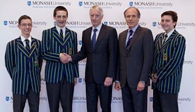 L to R: James Maccarone, John Hajek, Colm Kearny, Dean of the Faculty of Business and Economics, Professor  Dr Alan Finkel AM, Chancellor of Monash University and Christopher Skliros.