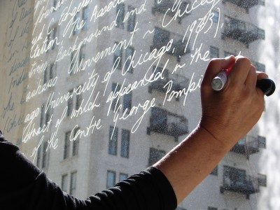 Narelle Jubelin, The Gray Cloth (glass transcriptions) 2011-12; Caulfield Technical School E Block, architect Percy Everett, c.1950 (now Faculty of Art Design & Architecture, Monash University)