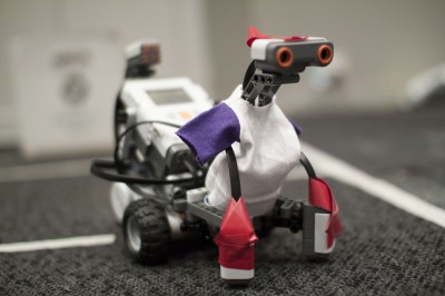 The maze solving robot, dressed with an Open Day t-shirt, as an honorary member of the Faculty of IT team